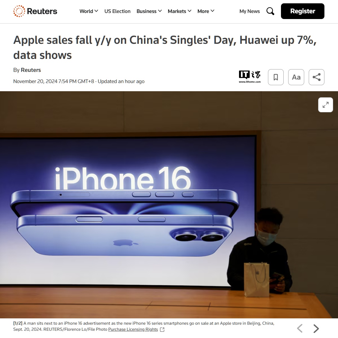 Counterpoint：苹果 iPhone 双十一期间在华销量同比下滑两位数百分比